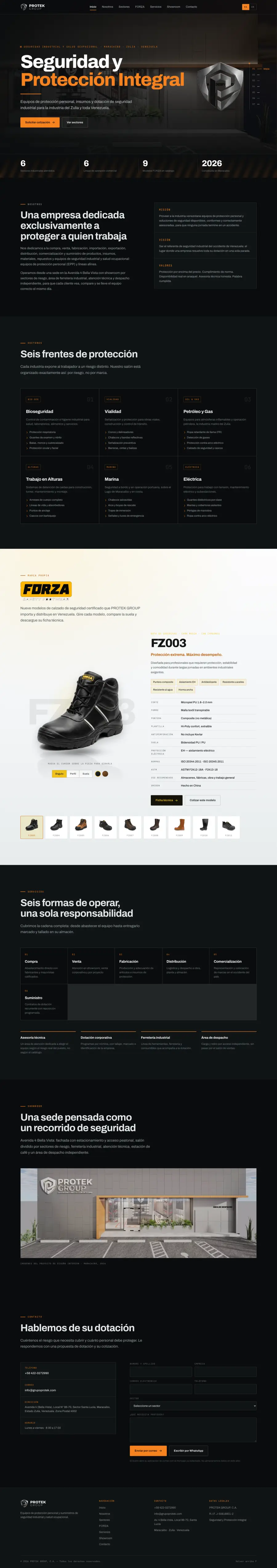 Captura del sitio de PROTEK GROUP: portada, sectores de riesgo, catálogo de calzado FORZA, servicios, showroom y contacto