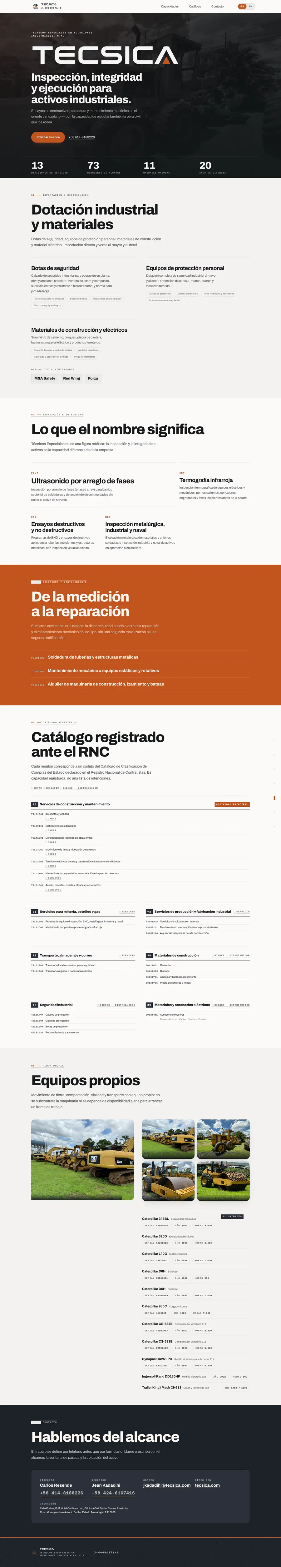 Captura del sitio de TECSICA: portada, dotación industrial, capacidades, catálogo RNC, flota propia y contacto